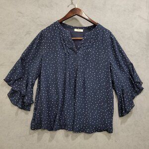 Timeson Sheer Blouse Womens Size L‎ Heart Polka Dots 3/4 Sleeve  Artsy Flowy